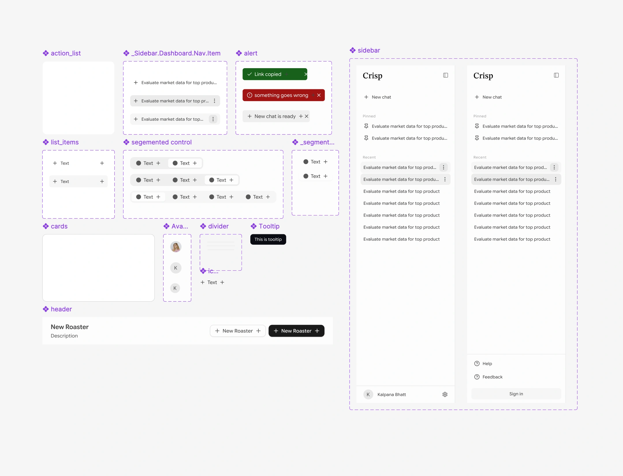 Crisp app components including sidebar, alerts, and cards