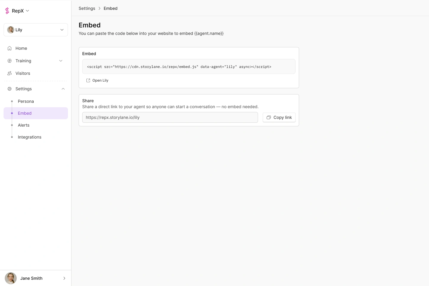 Embed settings for adding RepX to a website