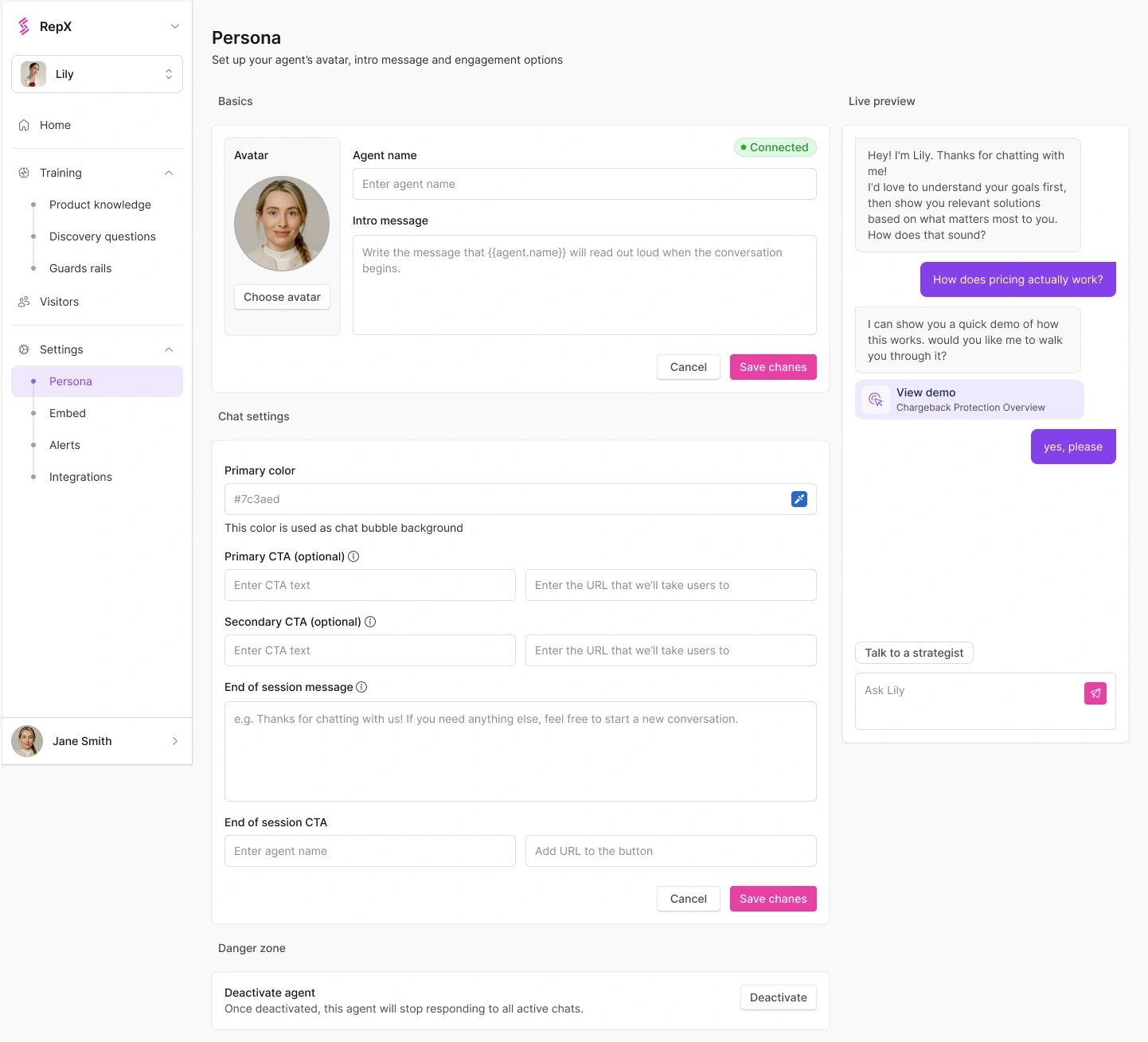 Persona settings for the RepX agent
