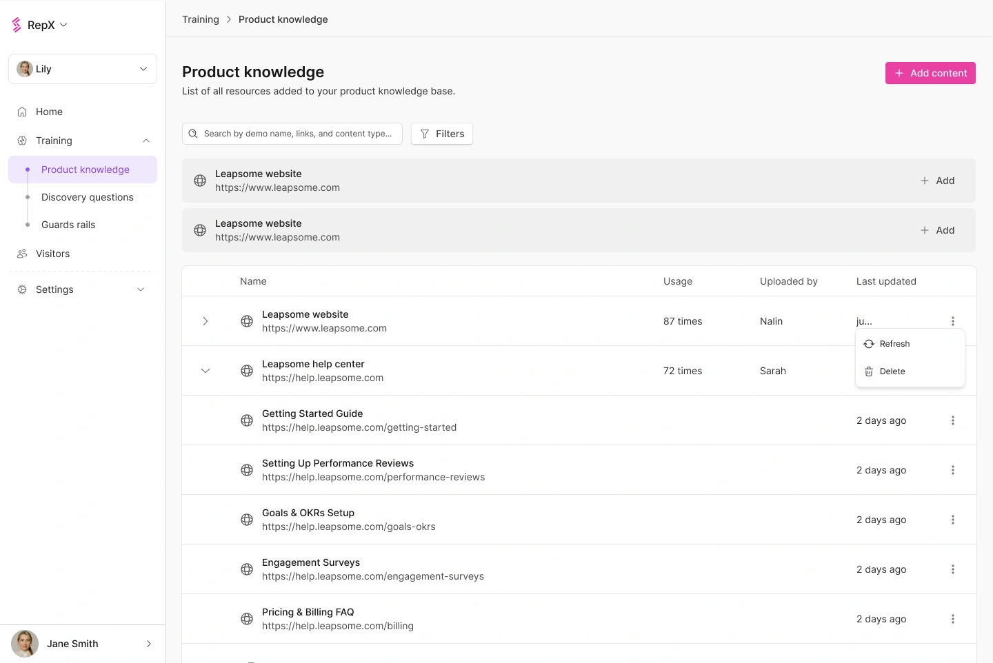 Product Knowledge setup for the RepX agent