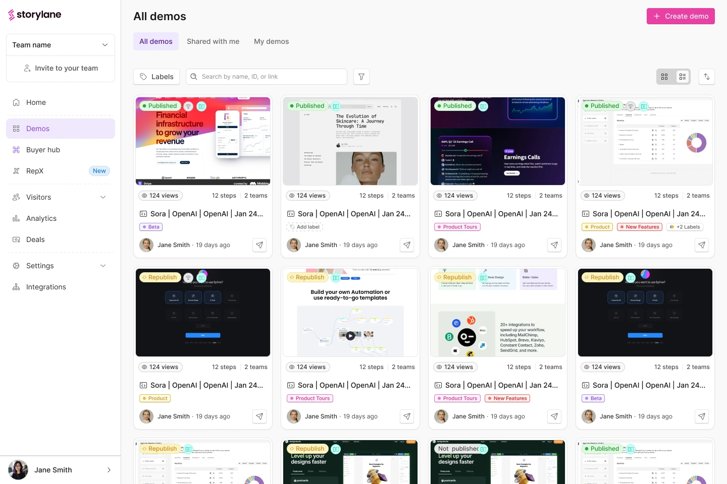 Storylane demo library with color-coded labels on demo cards