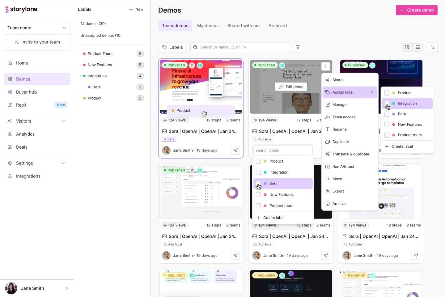 Storylane create or change labels picker on a demo card