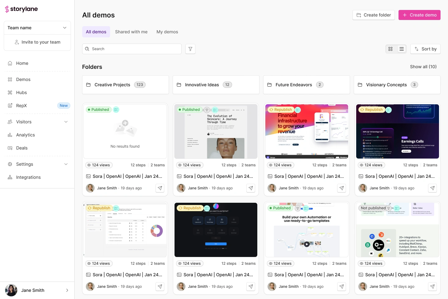 Storylane demo library before labels, with demos in a flat grid