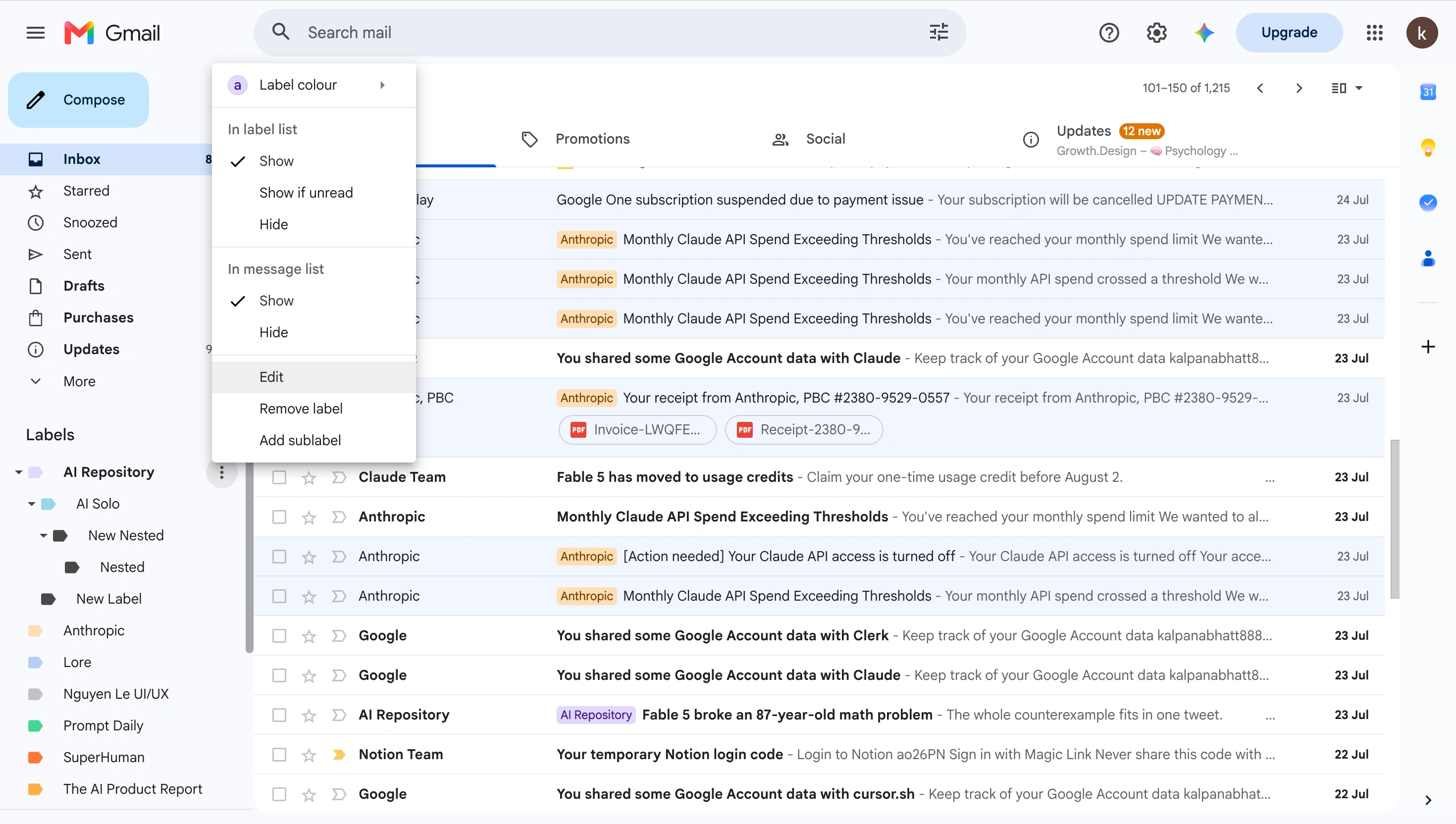 Gmail labels in the sidebar with color and nested sublabels