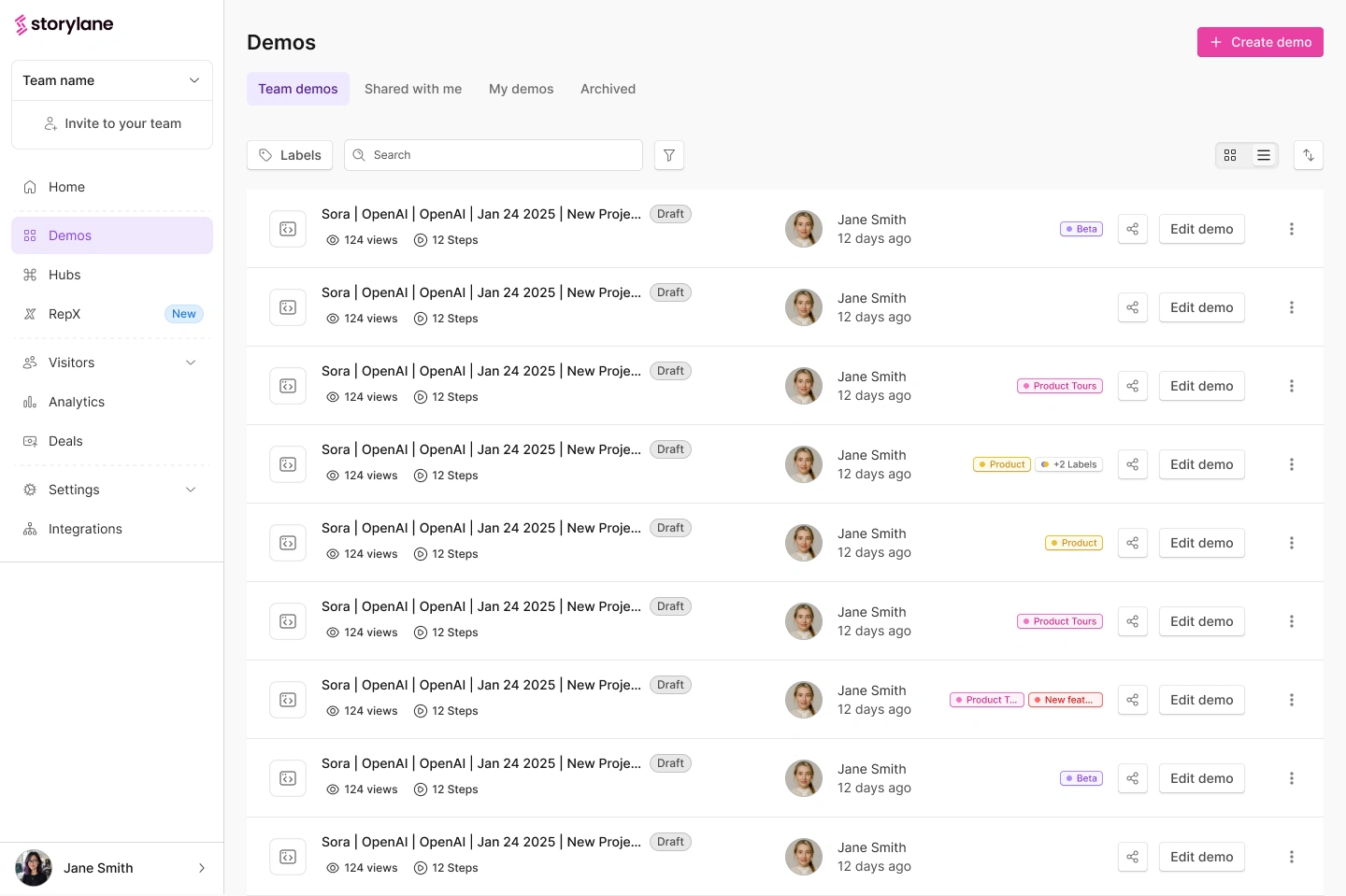 Labels on demos in list view