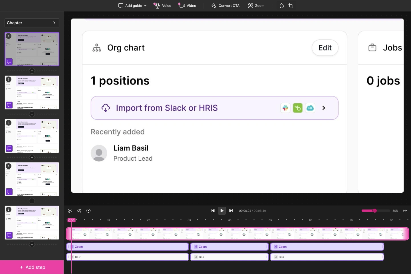 Redesigned Storylane editor with zoom and blur layers on the demo timeline