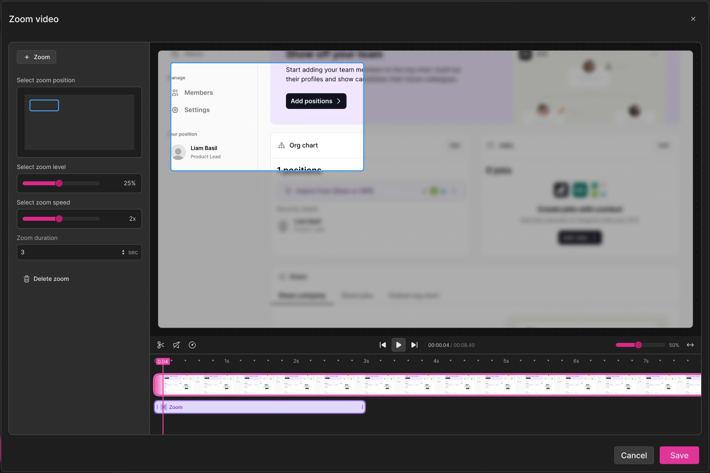 Storylane zoom pop-up with position, level, and speed