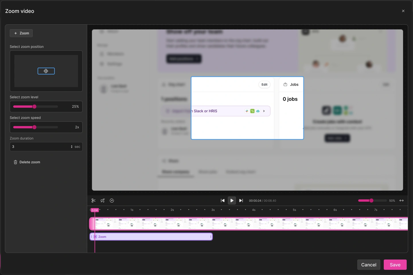 Setting zoom position, level, and speed