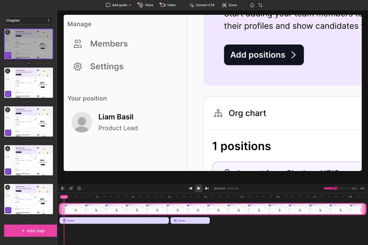 Saved zoom layers on the chapter timeline