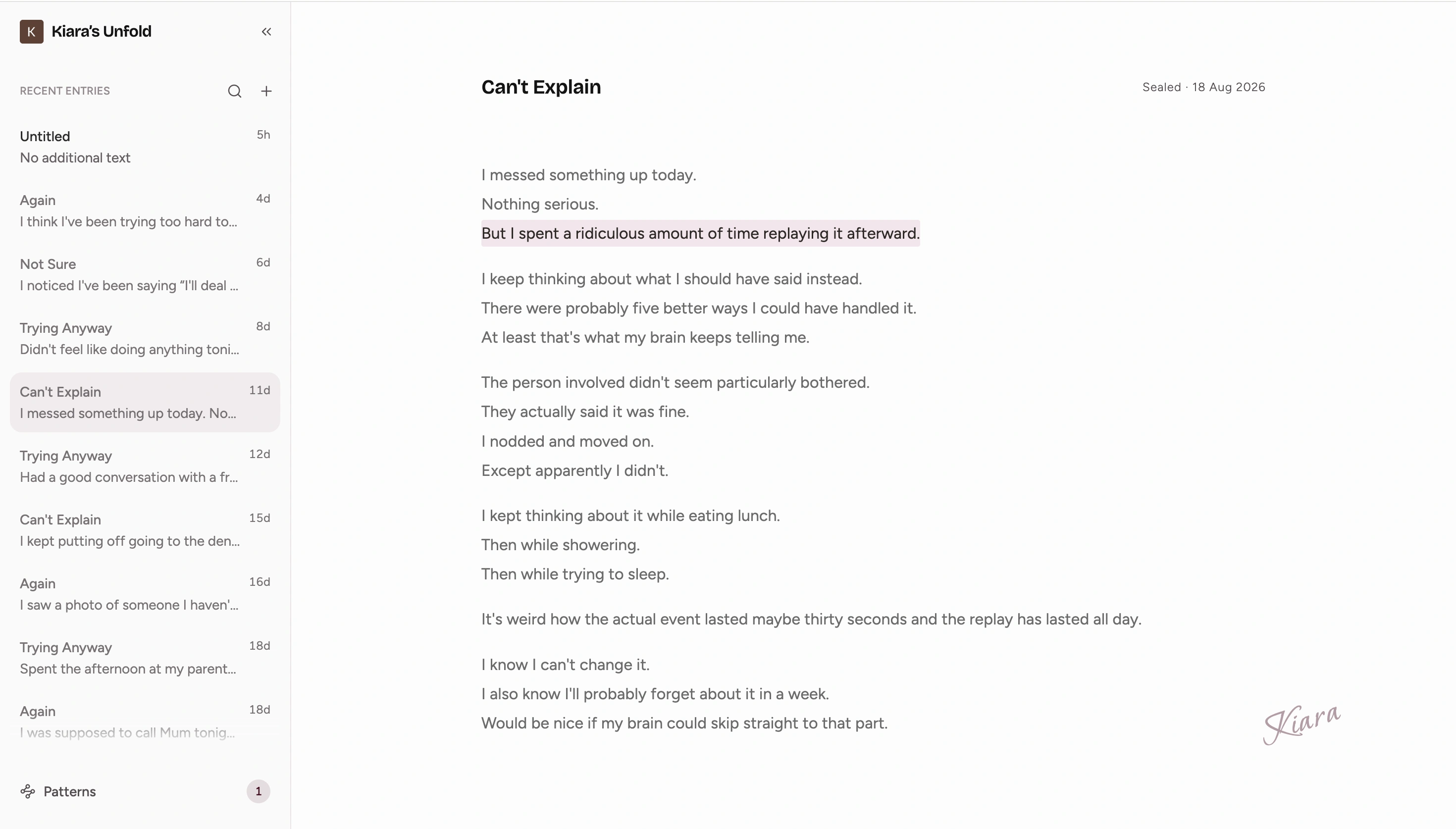 Unfold journal entry with a highlighted line in the writing