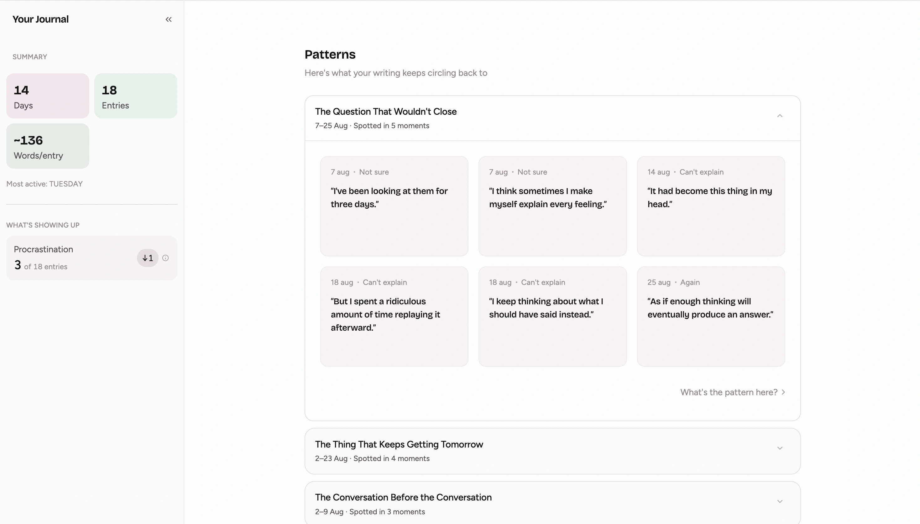 Unfold patterns view showing repeating moments from the journal